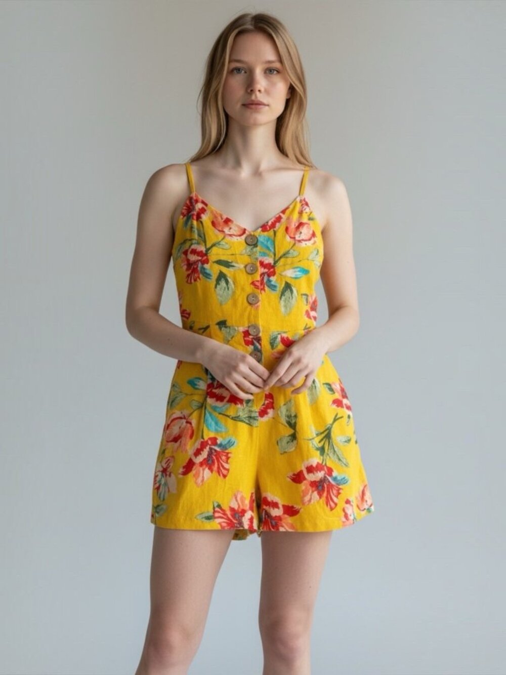 Lily Rose Romper Size XS Yellow Floral Linen Sleeveless Adjustable Straps Button